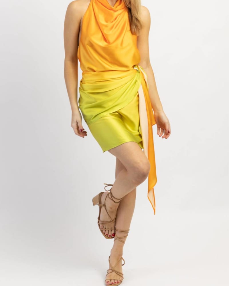 Front of a model wearing a size L South Beach Mini Dress In Multi-Orange in Multi-Orange by LUXXEL. | dia_product_style_image_id:354836